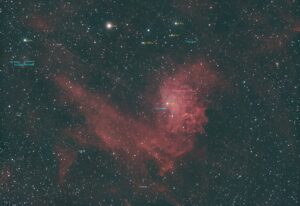 Annotated Image, IC 405, The Flaming Star Nebula, 100 x 180 seconds, 12/07/2024