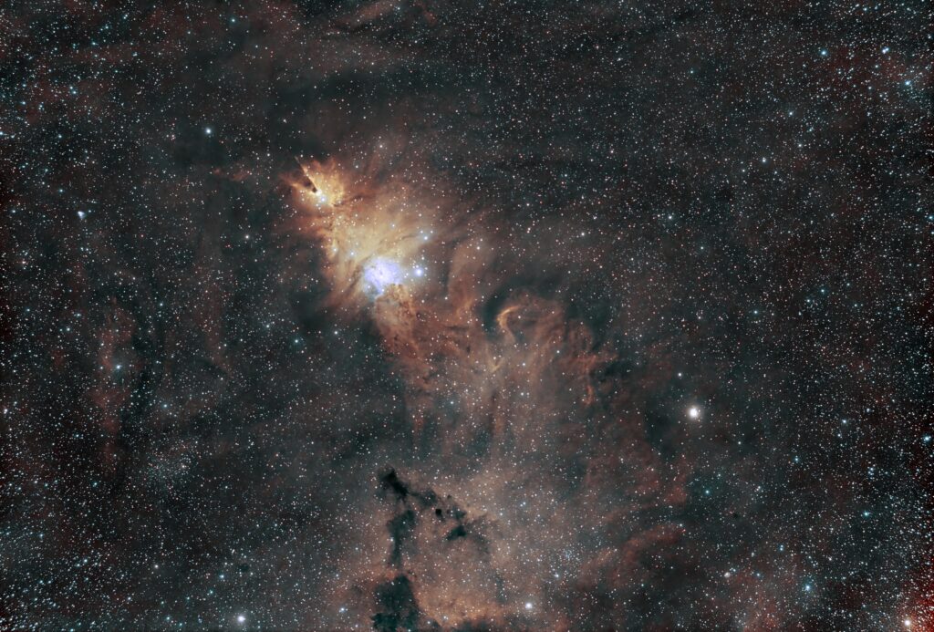 NGC 2264, the Christmas Tree Cluster, Hubble Palette using CreateHubblePaletteFromOSC script in PixInsight