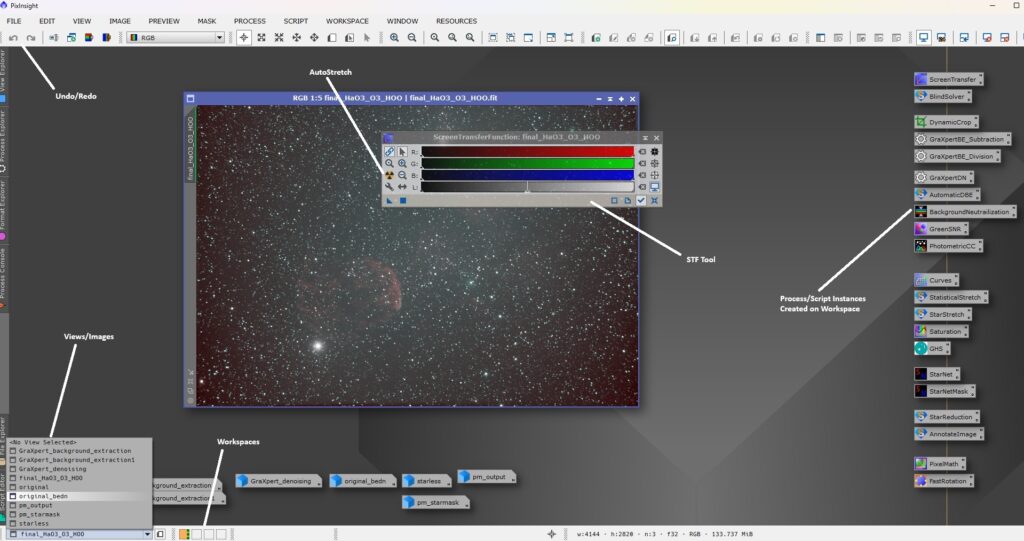 PixInsight Workspaces and Screen Transfer Function STF