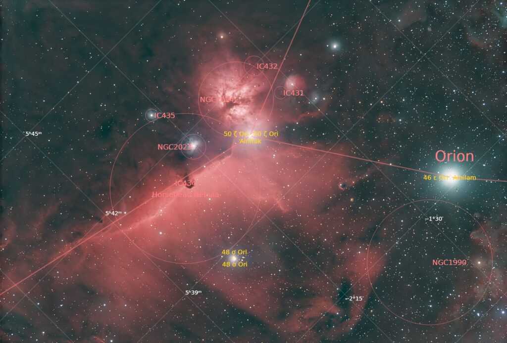 Annotated - Horsehead Nebula, IC 434, the Flame Nebula, NGC 2024 - 121 x 180 seconds - 01/04/2025